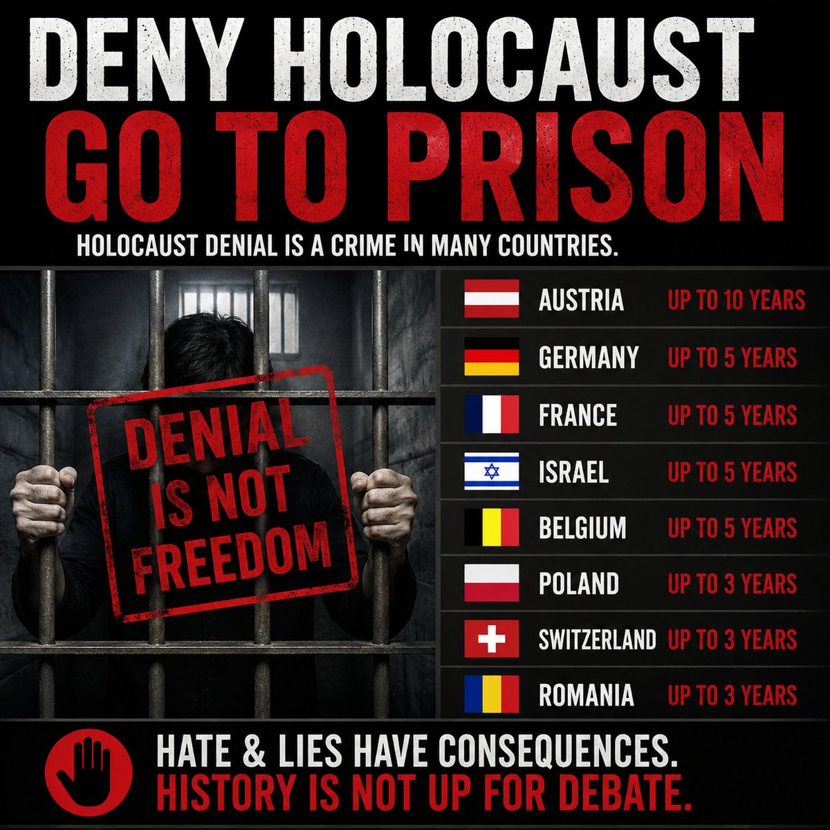 OCOCReport's tweet photo. Holocaust denial is a criminal offense in many countries.

Why are such laws necessary? If the truth can stand on its own, why criminalize debate?

Prison Sentences for Holocaust Denial:

🇦🇹 Austria: up to 10 years
🇩🇪 Germany: up to 5 years
🇫🇷 France: up to 5 years
🇮🇱 Israel: up to 5 years
🇧🇪 Belgium: up to 5 years
🇵🇱 Poland: up to 3 years
🇨🇭 Switzerland: up to 3 years
🇷🇴 Romania: up to 3 years
🇫🇮 Finland: up to 2 years

In several of these countries, even public statements or online posts can lead to criminal prosecution.