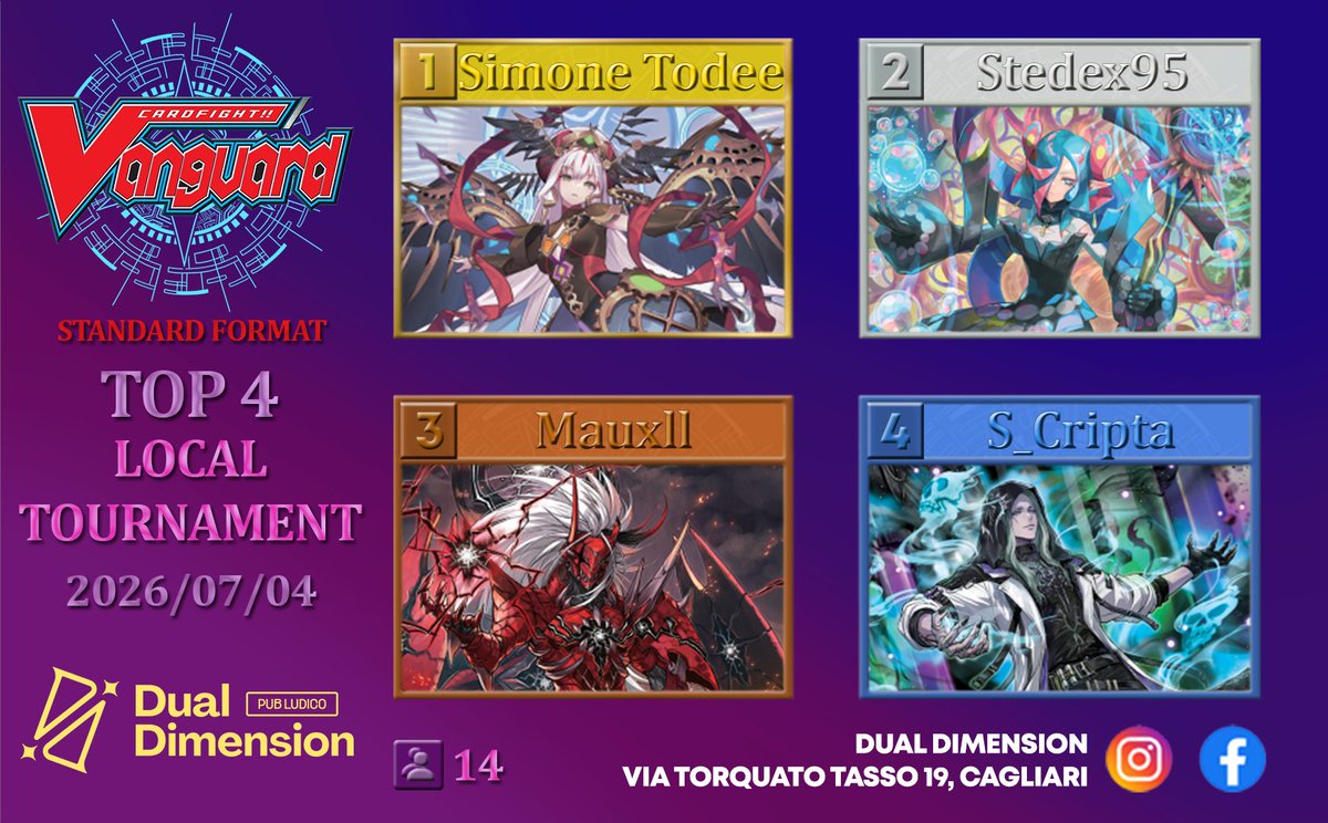 DualDimensionCA's tweet photo. Cardfight!! Vanguard 
Standard Format 
Top 4 
Local Tournament 
2026/07/04 Cagliari (Sardinia) 
14 p. 

#VGTopDecks
#VGTopDeck https://t.co/xaAJjjuIOK