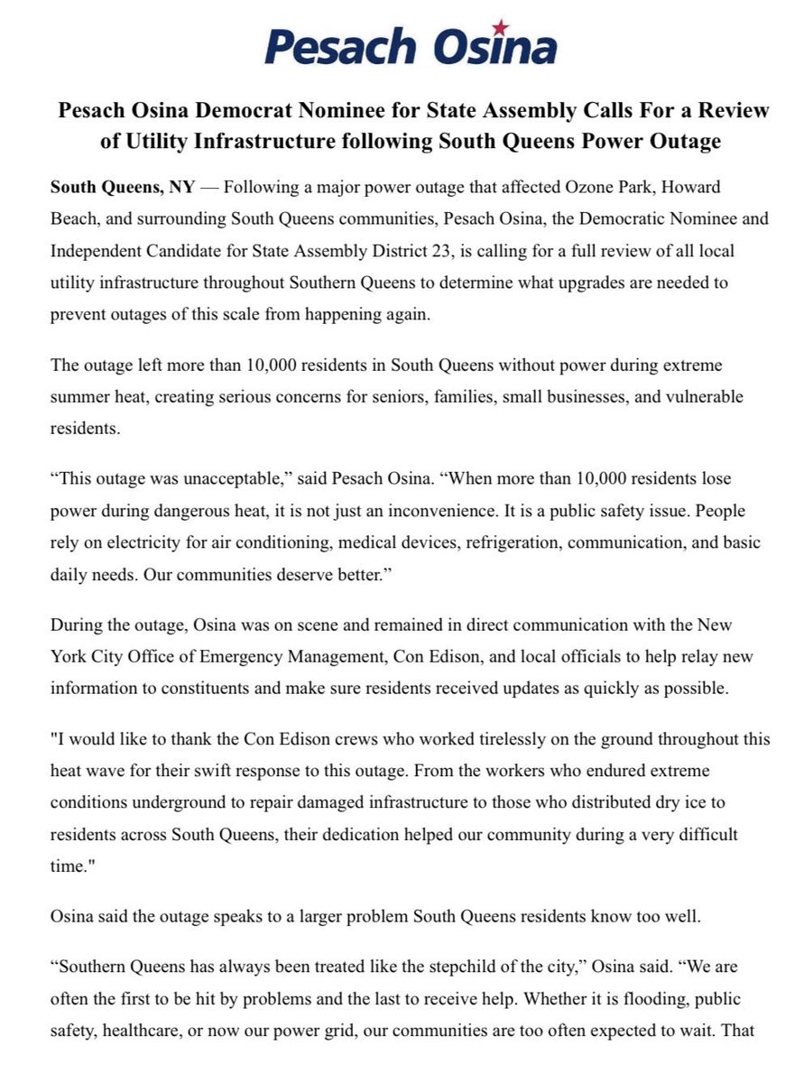 pesachosina's tweet photo. As your next Assemblyman, I will fight to make sure our communities are no longer treated like the stepchild of the city. We need stronger infrastructure, real answers, and better communication so residents are protected before the next outage happens. https://t.co/YkEtNfcyhA