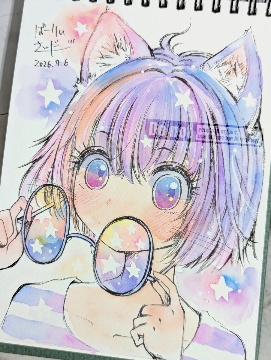 barleycider's tweet photo. おはようございます。
今週もよろしくお願いします！
蛍光色のピンク、ブルー、イエローの３色でメガネ猫耳娘です😺

#アナログイラスト 　
#watercolor https://t.co/5gc3FAEh4M