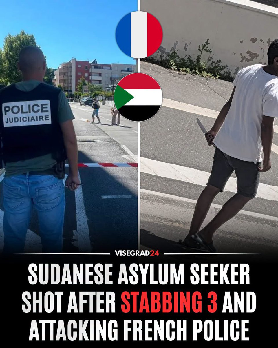 visegrad24's tweet photo. BREAKING: A Sudanese asylum seeker has stabbed 3 people in Clermont-Ferrand, France.

He also tried to stab a policeman in the neck but was then shot by the officers. A slew of attacks by Sudanese migrants has recently rocked Europe, including an attempted beheading in Belfast.

More and more Sudanese asylum seekers are expected to start making their way to Europe as the civil war in that country has entered its 4th year, and many internal refugees are losing hope of being able to return to their homes anytime soon.

Large parts of the country are under control of the Muslim Brotherhood, which is closely allied with the Sudanese Armed Forces under General Al-Burhan.

The general is fighting the civil war against his former ally Hemedti and his Rapid Support Forces.

Islamist propaganda and calls for extremist violence have surged in Muslim Brotherhood-controlled areas during the civil war, with frequent calls for "unbelievers" to have their throats cut.