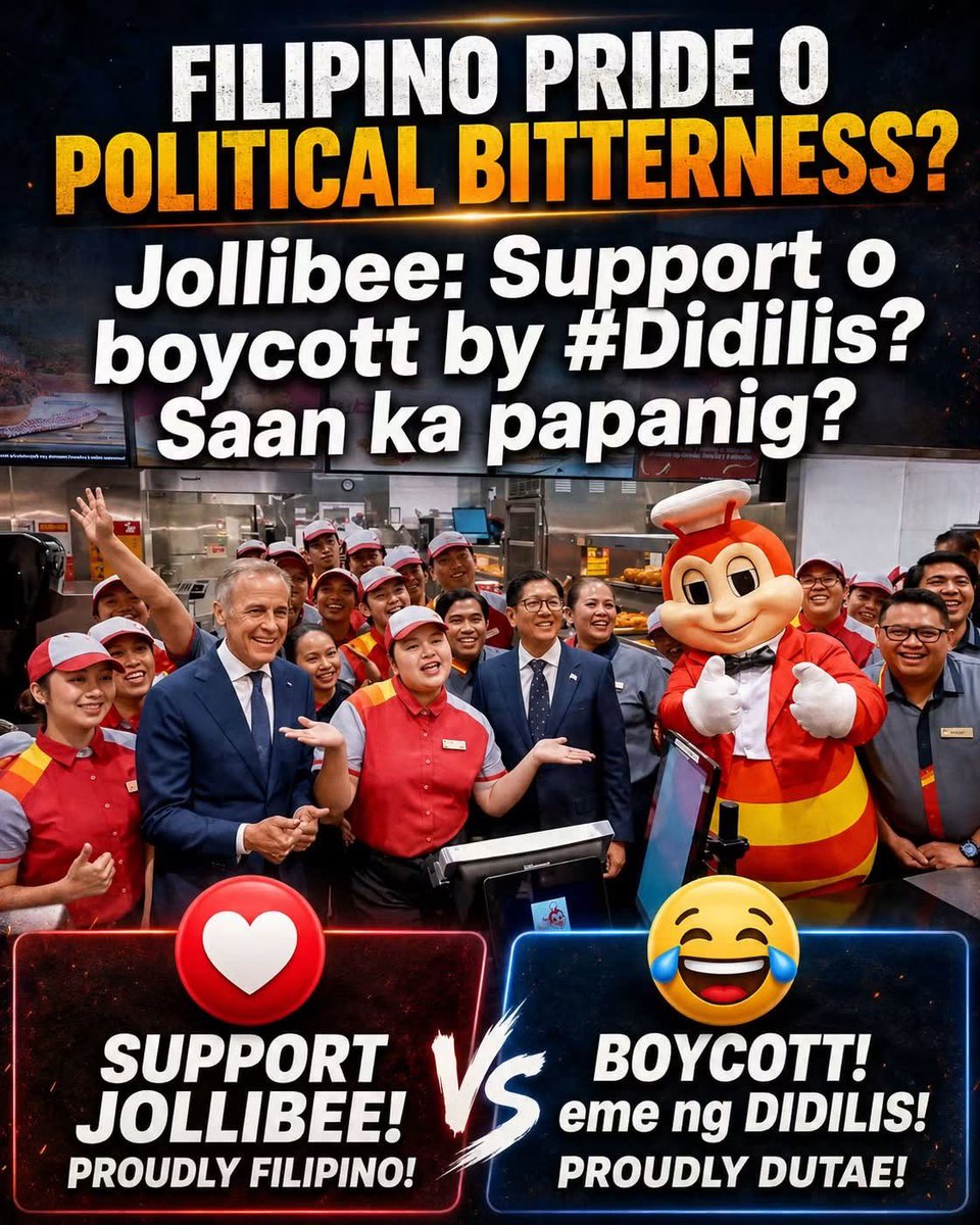 31milmovement's tweet photo. Dapat bang madamay ang Jollibee sa galit ng ilang Duterte supporters kay #PBBM?
The AUDACITY!!!!!
Jollibee is not just a fast-food chain. It is a Filipino success story!
Kaya kung ang bagong #didilis script ngayon ay i-boycott ang #sarilingatin dahil lang sa politika, tanong lang: Filipino pride ba talaga ang inuuna, o political bitterness na naman?
Kami? Support Jollibee. Proudly Filipino. β€οΈπ΅π