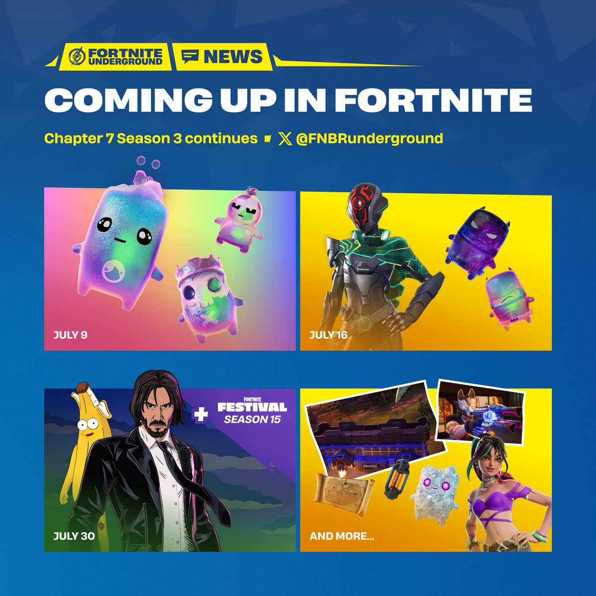 FNBRunderground's tweet photo. Here's what's coming up in #Fortnite this month 🗓️ 

✨ July 9: Holofoil Sprites
🦇 July 16: Summer DC x Fortnite update
🍩 July 30: Reload &amp; Festival updates

Plus look forward to the new Battle Bus exfil mechanic, Bank Shot Pistol, new Sprites, Gizmos, Outfits, and more! https://t.co/uw2CR3V4D1