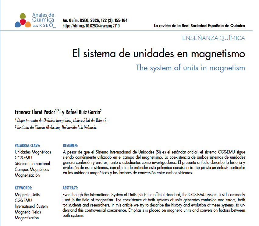 RSEQUIMICA's tweet photo. 📙Enseñanza de la Química #AnalesdeQuímica 
El sistema de unidades en magnetismo
✍️Francisco Lloret Pastor, Rafael Ruiz García
➡️https://t.co/gnwHnzP8EB https://t.co/b1jiRnoZYu
