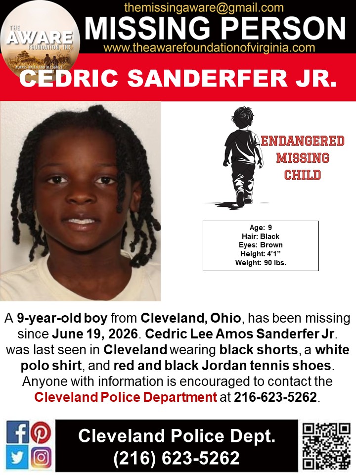aware_the's tweet photo. 🚨 MISSING CHILD – PLEASE SHARE 🚨

A 9-year-old boy has been missing from Cleveland, Ohio, since June 19, 2026.

Cedric Lee Amos Sanderfer Jr. was last seen wearing:
▪️ Black shorts
▪️ White polo shirt
▪️ Red and black Jordan tennis shoes

Every share increases the chances that someone will recognize Cedric and help bring him home safely. Please take a moment to share this post and keep an eye out if you're in the Cleveland area or surrounding communities.

If you have ANY information about Cedric's whereabouts, please contact the Cleveland Police Department immediately at 216-623-5262.

💙 Let's work together to help reunite Cedric with his loved ones.

#MissingChild #MissingPerson #CedricLeeAmosSanderferJr #ClevelandOH #Ohio #BringCedricHome #FindCedric #ShareToHelp #CommunityStrong #MissingKids #HelpBringHimHome