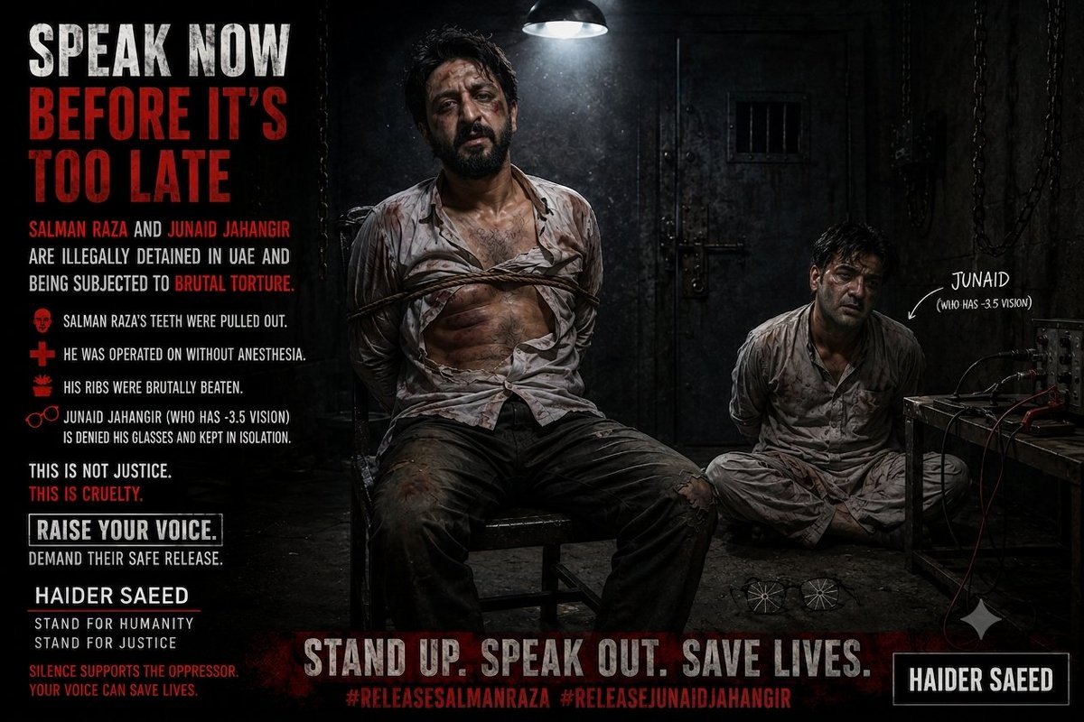 Haidersaeedpti1's tweet photo. No one should suffer torture, isolation, or unlawful detention. Justice cannot wait. Speak up for Salman Raza and Junaid Jahangir. https://t.co/PNIanei9an