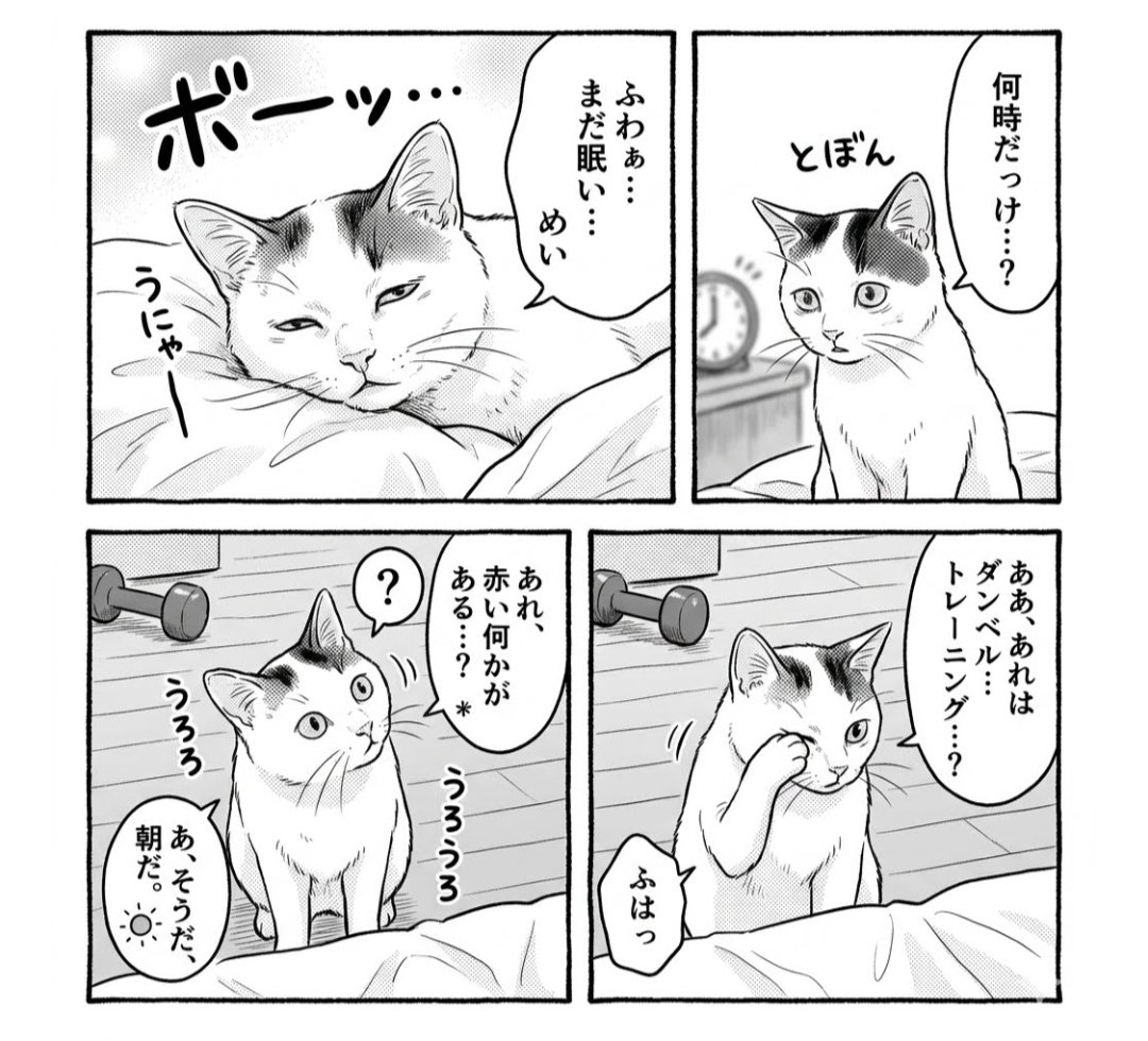 watakin007's tweet photo. おはようございます😀🐱
めいニャン🐱♀(11歳)
掃除機をかけようと来てみたら
😊「ありゃ❓」
😺「眠い～ﾆｬ💤」
😀「じゃ1時間後に✨」
🐱．．．💤
ヘソ天でゴロゴロ、安心して寝ています🥰😺
よい1日を*˙︶˙*)ﾉ"🍀*゜
 #猫のいる暮らし  #シロキジ  #めいニャン #猫 #cat
#AIお試し 漫画(眠い～💤) https://t.co/SJWIg7QbjZ