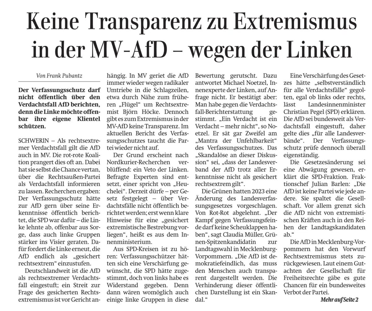 danielpetersMV's tweet photo. Doppelzüngigkeit par excellence bei 🔴🔴 - LINKE blockiert Transparenz über AfD-Verdachtsfall - aus Angst, dass eigene linksextreme Klientel mit ins Visier gerät. Wer Extremismus bekämpfen will, sollte nicht auf linkem Auge blind sein. Regieren erst recht nicht! #ltmv #Komplizen https://t.co/gSAbucLaSR