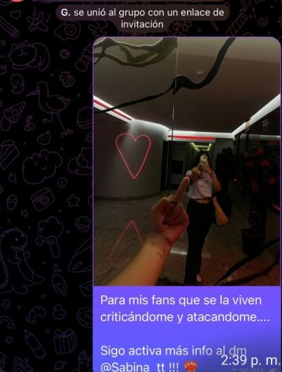 Scorpc7o's tweet photo. Tengo entendido que la chica salió del grupo de amigas de una persona que se hace llamar "Sara". No me consta y nunca he tomado servicio con ella. Dejo imagen de su perfil como referencia.

Y regresando con Sabina, hasta ayer incluso se estaba haciendo la picante en un grupo de telegram de reseñas en donde ya fue expulsada, por cierto.

Y en su grupo privado, pues el clásico discurso victimista de "yo hago las cosas bien, pero últimamente me ha pasado de todo y los que me conocen saben quien soy y blablabla"

Muy preocupada en diferenciarse de las demás churpias que critica, pero parece que está cortada con la misma tijera.

Hasta aquí el reporte.