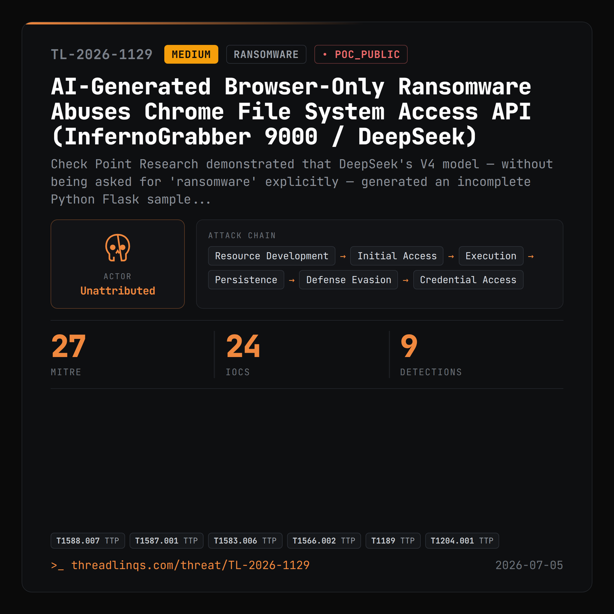 threadlinqs's tweet photo. AI-Generated Browser-Only Ransomware Abuses Chrome File System Access API. https://t.co/mwFE986i8a #ThreatIntel #CVE_2023_4863 #InfernoGrabber #Browseronly https://t.co/zXcjUmYTIL