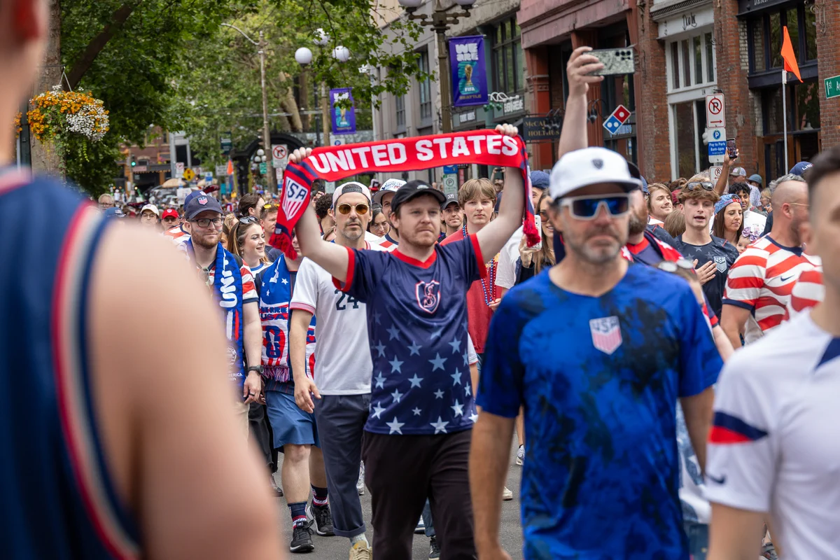 USA Fans matching in Pioneer Square for FIFA