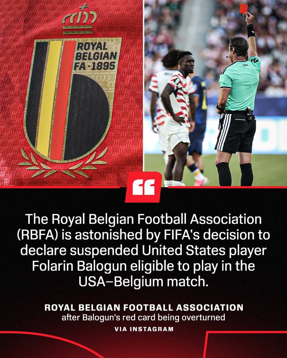 ESPNFC's tweet photo. Belgium's full statement on Folarin Balogun's red card being overturned (via @belreddevils) https://t.co/GgSxqeUnow