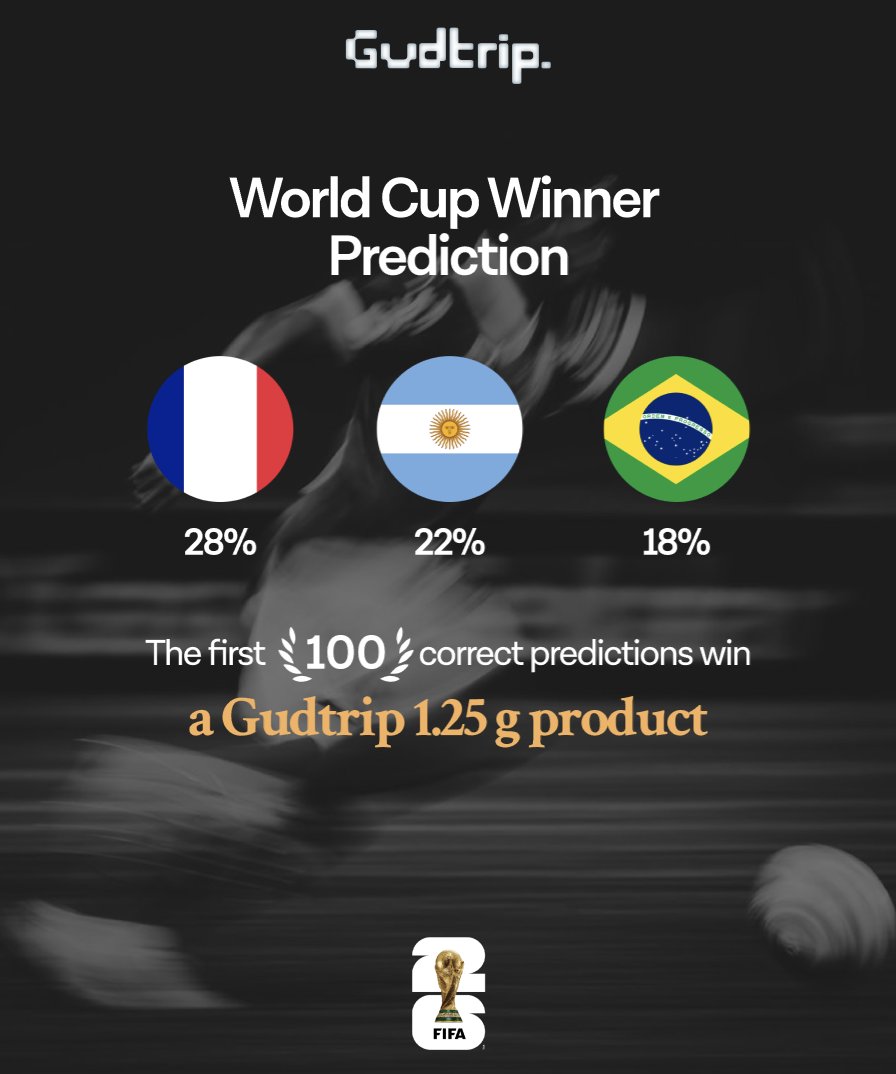 Gudtrip's tweet photo. Predict the winner of World Cup at https://t.co/TT6lqfT3NL

Win a Gudtrip 1.25g Resin Vape + $3 in Bitcoin

*redeem available at Gudtrip NY retail partners https://t.co/fTfeRf2hqv