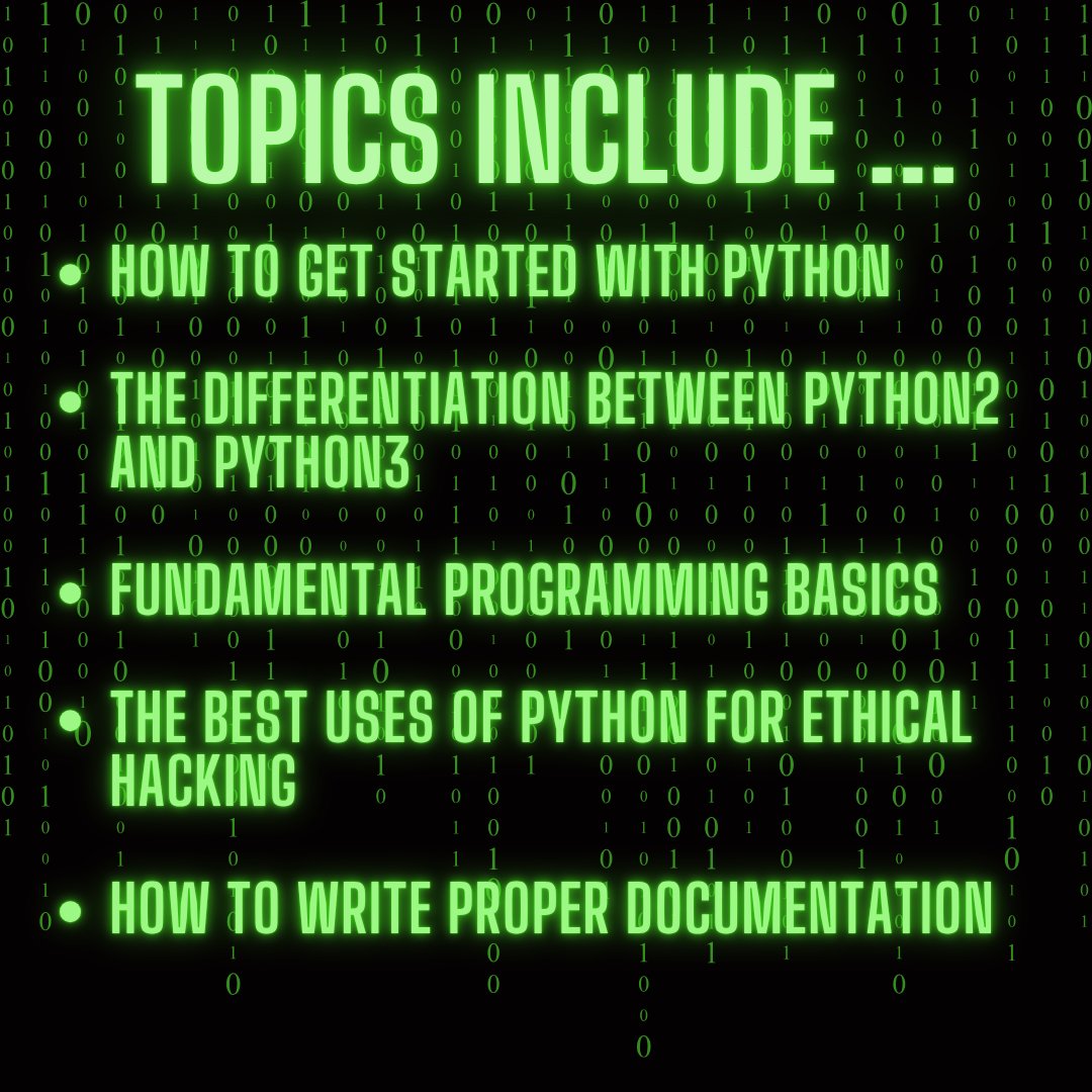 TCMSecurity's tweet photo. Python is one of the most (if not the most) important #programming languages an ethical hacker can learn.

With the TCM Security Python 101 course, you will dig into key programming concepts that are necessary to automate common hacking and bug bounty tasks, understanding essential #Python programming errors that can arise when executing code snippets and proofs of concept, and much more.

This course clocks in at 5.5 hours of materials, and it's a perfect opportunity to enhance your toolkit as an ethical hacker.

Find it in the TCM Security Academy, and grab an All-Access Membership today and save 50% off your first payment using the code CAMPTCM: https://t.co/0maiYyAvxm