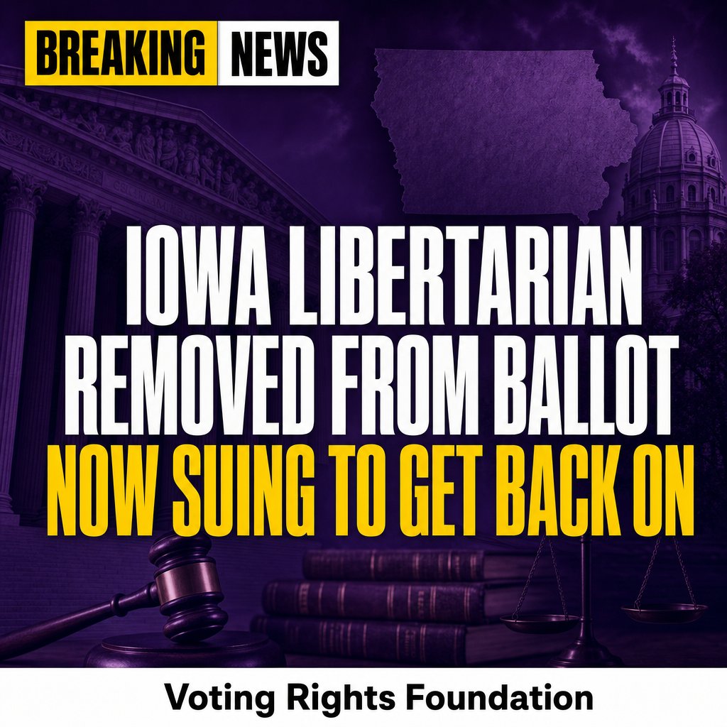 TheVotingRights's tweet photo. Iowa Libertarian U.S. House candidate filed a lawsuit seeking to be restored to the November ballot after being removed. The case tests whether the state's ballot access process was applied correctly and could determine whether voters have that candidate as an option. https://t.co/LhKq36Gs3G