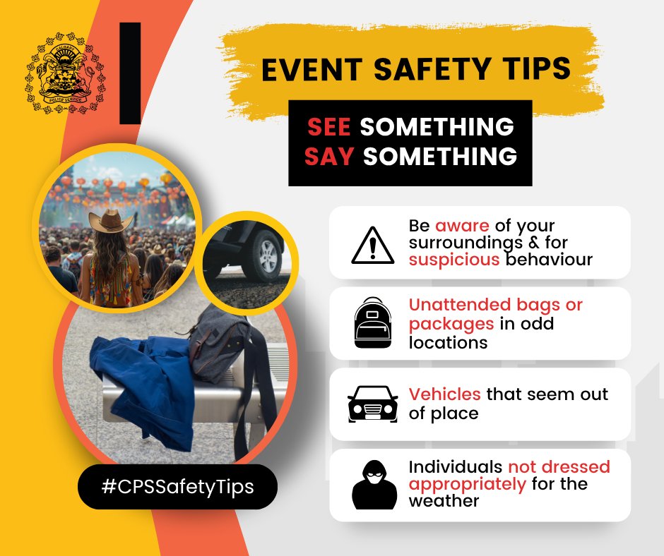 CalgaryPolice's tweet photo. 🚨 We’re reminding Stampede goers that if you see something suspicious or believe you have been the victim of a crime while on the grounds, here is how you can report it:  

🔹 Approach an officer or Stampede security personnel  
🔹 Go to Stampede Security at the Big Four Building 
🔹 Call non-emergency at 403-266-1234 
🔹 Call 911 in an emergency

📣 We work closely with the Calgary Stampede & other law enforcement agencies to co-ordinate operations. Staying vigilant & reporting any suspicious behaviour or incidents of crime helps to keep our communities safe.