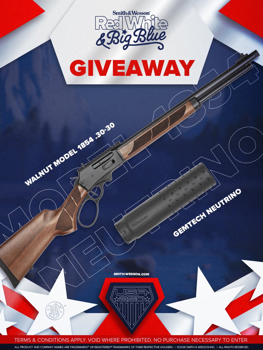 Smith_WessonInc's tweet photo. 💥 WIN the ultimate suppressed hunting setup 

We're giving away the .30-30 Model 1854 with the new .30cal Neutrino suppressor! Hurry and enter, this giveaway ends July 9th! 

Enter now: https://t.co/8ttUN5uZwR
T&amp;Cs apply. No purchase necessary https://t.co/KNO18MbBIX