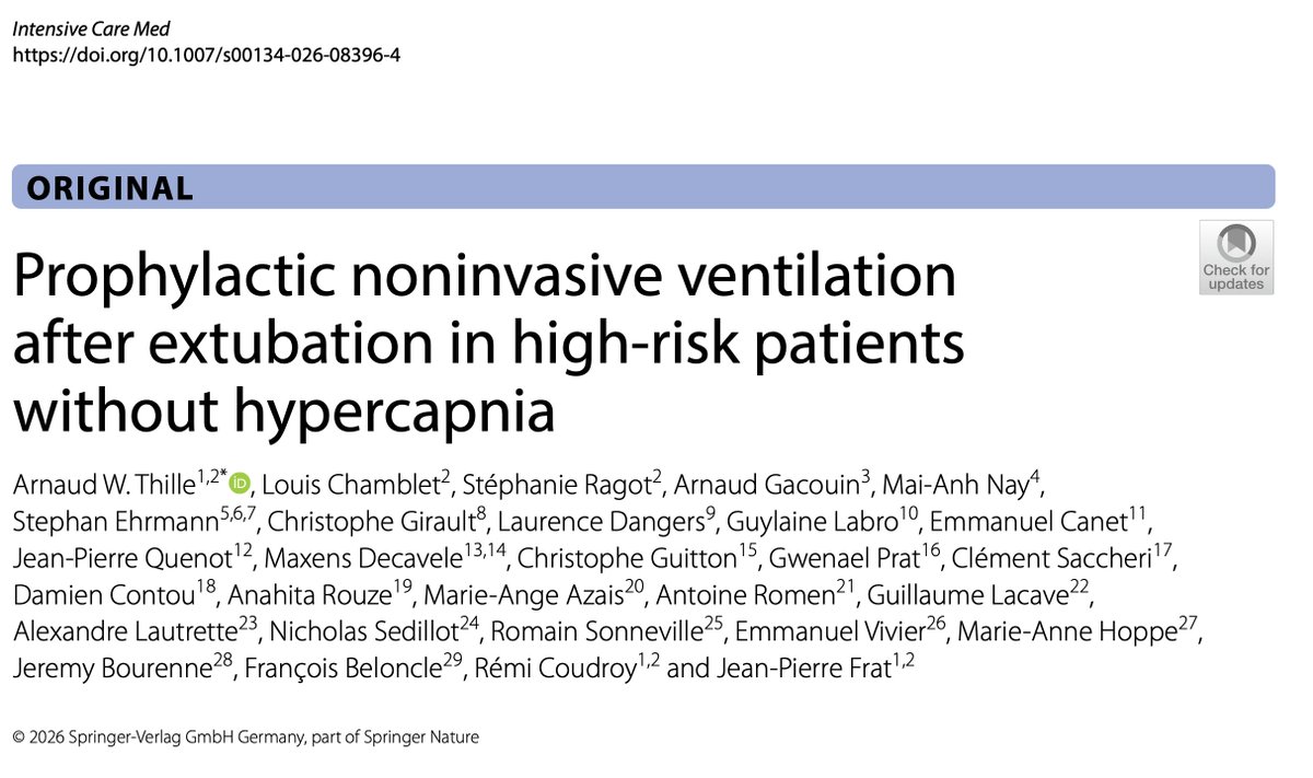IM_Crit_'s tweet photo. Non-invasive ventilation in the ICU - Is there any other trick to teach?

This is NOT a randomized controlled trial and I know it confirms my own bedside bias. But for every patient who just doesn’t look ready to breathe comfortably on their own, I keep coming back to the same practice: extubate straight to NIV rather than wait for trouble

This is a recently published post-hoc analysis of two multi-center clinical trials including 829 high-risk patients (i.e., older than 65 y.o. or with underlying cardiac/respiratory disease) without hypercapnia (PaCO2 ≤ 45mmHg) the day of extubation

After extubation, 540 patients (65%) received NIV + HFNC while 289 (35%) received HFNC alone. The re-intubation rate at day 7 was 11.8% with NIV + HFNC versus 17.6% with HFNC alone (diﬀerence:, −5.8% [95% CI -11.2 to -0.8%]; p = 0.021)

Conclusion: For high-risk patients, but without hypercapnia on the day of extubation, the use of prophylactic NIV alternating with HFNC after extubation significantly decreases the risk of re-intubation as compared to HFNC alone

#foamed #foamccc @ArielG_RRT