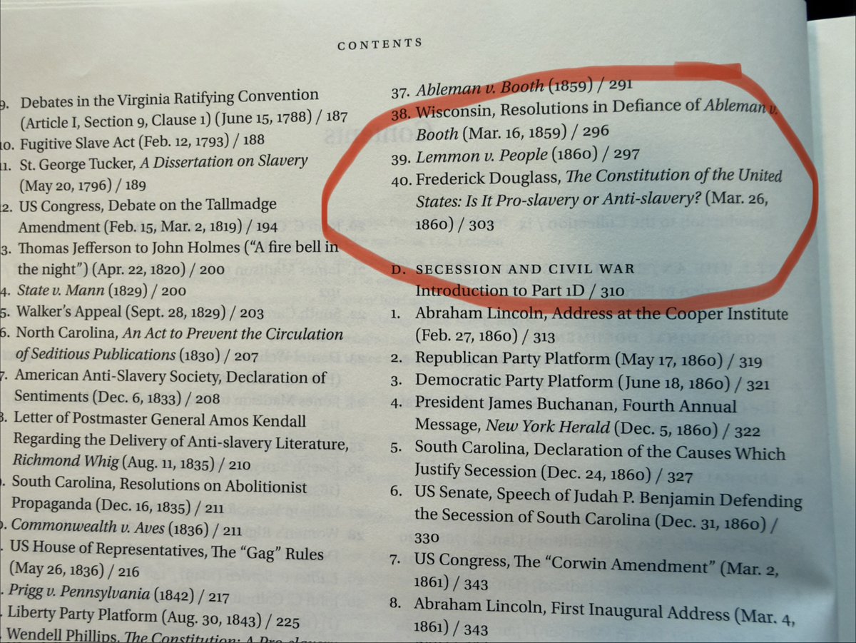 kurtlash1's tweet photo. I agree with the general  suggestion of assigning Frederick Douglass, but the speech of most relevance to law students studying the interpretation of the Constitution and its history (and the one I assign) is “The Constitution of the United States: Is It Pro-Slavery or Anti-Slavery?” Spoiler: Douglass concludes the Original Constitution was Anti-Slavery. (The second screen shot is from the table of contents for Vol. 1, The Reconstruction Amendments: Essential Documents (Kurt Lash, ed.). https://t.co/IewlE61Sca
