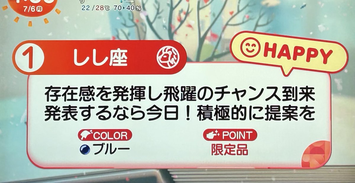 otemaru_san's tweet photo. 7月6日(月)めざまし占い
おはようございます
早起きしたのでこっそり紹介

1位しし座
12位てんびん座
頑固な態度とこだわりが原因で孤立状況に応じて柔軟な対応を心掛けて
🌈🟤ブラウン
👉✨モダンな建物
👉✨深くお辞儀をする https://t.co/DQ0zdBeUKT