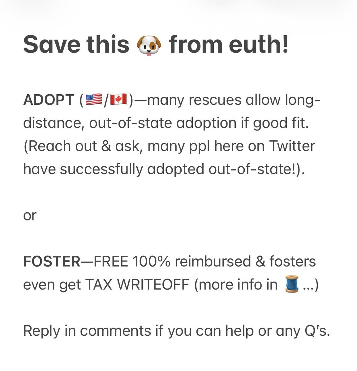 LilaFlw's tweet photo. AppleValleyAnimalServices DeadliestShelter in Cali (collage of outcomes in pics💔)

ADOPT(🇺🇸/🇨🇦)  or  FOSTER
(100% reimbursed) to save their life! (info in pic👇)

Did u know?
Fosters get TAX WRITEOFF on additionl stuff (ie:gas, partial utilities, etc)—see attached tweet in full: https://t.co/agbMwk4Csn