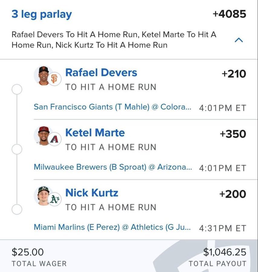 guy_sam's tweet photo. 🚨 3-LEG HR PARLAY LOADED ⚾️🔥

$25 ➜ $1,046.25 💰

Rafael Devers
Ketel Marte
Nick Kurtz

Need a win? ➡️ Click the Link for more  Secured winning picks  in my Comment

#GamblingX #NFL
#WCBB #NBA #CBB #prizepicks #PROPS #POTD #NHL #picks #CSGO 
#WNBA #Summerleague https://t.co/p6JRO6coeH