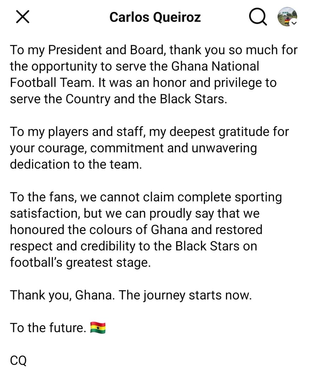 garyalsmith's tweet photo. 🚨 Carlos Queiroz leaves the 🇬🇭 @GhanaBlackstars job after Round of 32 World Cup exit. He leaves with this admonishment: 

"The future of the Black Stars will not be built only on the pitch. Black Stars wuccess must start off the field, by creating the best possible environment to prepare, protect and develop Ghana’s extraordinary football talent."