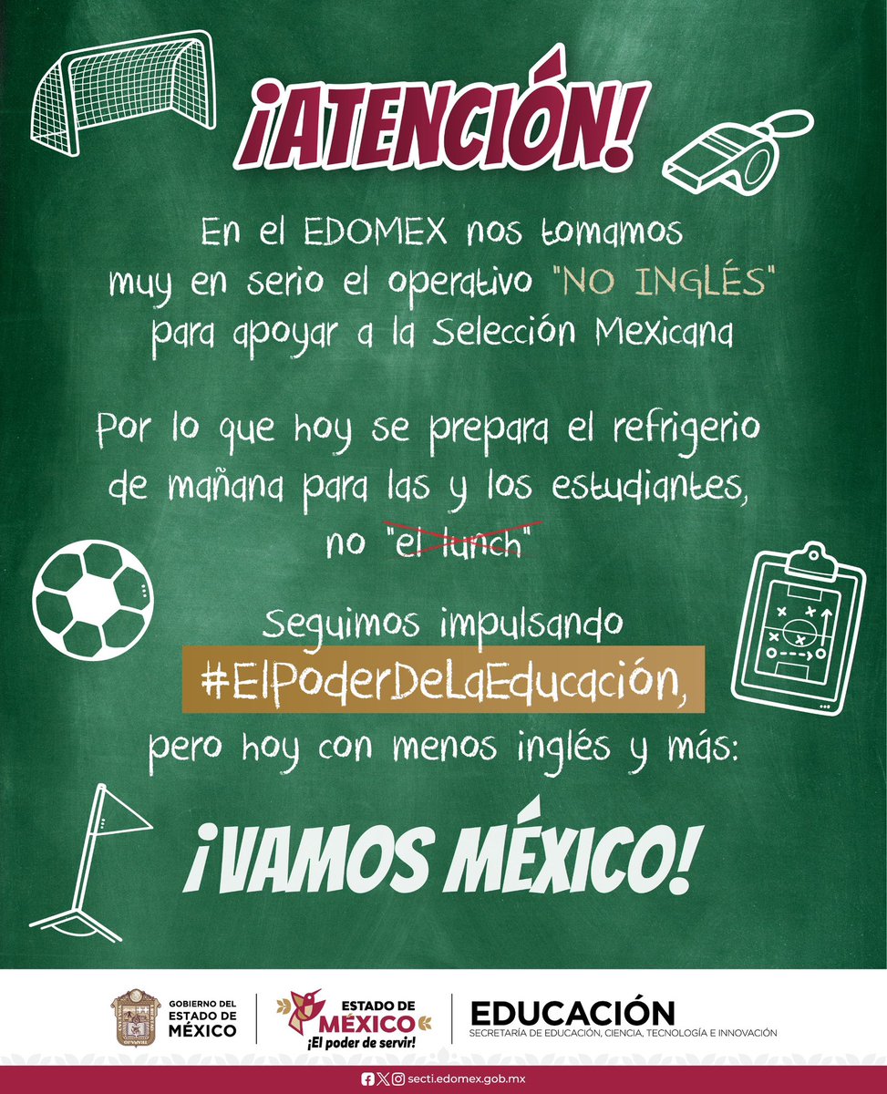SeducEdoMex's tweet photo. Hoy el “lunch” se queda en la banca 😄⚽

Aquí preparamos el “refrigerio” y apoyamos a nuestra Selección Mexicana. 💚🤍❤️

¡Vamos México! 🇲🇽🔥

#ElPoderDeLaEducación https://t.co/nUSoB4FjzV