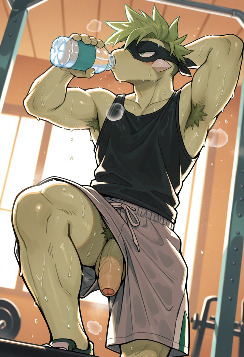 CLASSBMUTANT's tweet photo. Stupid fuckin' heatwave . . .

It's makin' even his most basic workouts sweaty as HELL!

. . . the fuck are you starin' at . . . ? https://t.co/J1KSbJGDtO