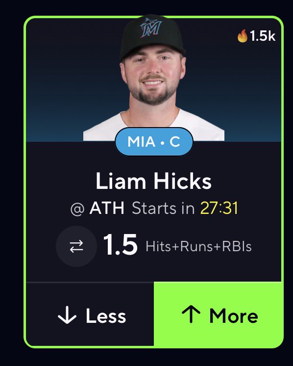 AJChalkPicks's tweet photo. ⭐️⚾️MLB POTD - 07/05⚾️⭐️

 Liam Hicks (MIA) O 1.5 H+R+R

30 min till game time go lock in his in on Prize picks. Go Use my code to sign up link Below⬇️ 
https://t.co/m16CTFfQ21

Data Powered by @pickfinderapp 

#prizepicks #potd #Gambling𝕏 #betting #props #bet https://t.co/AWZPq1tECU