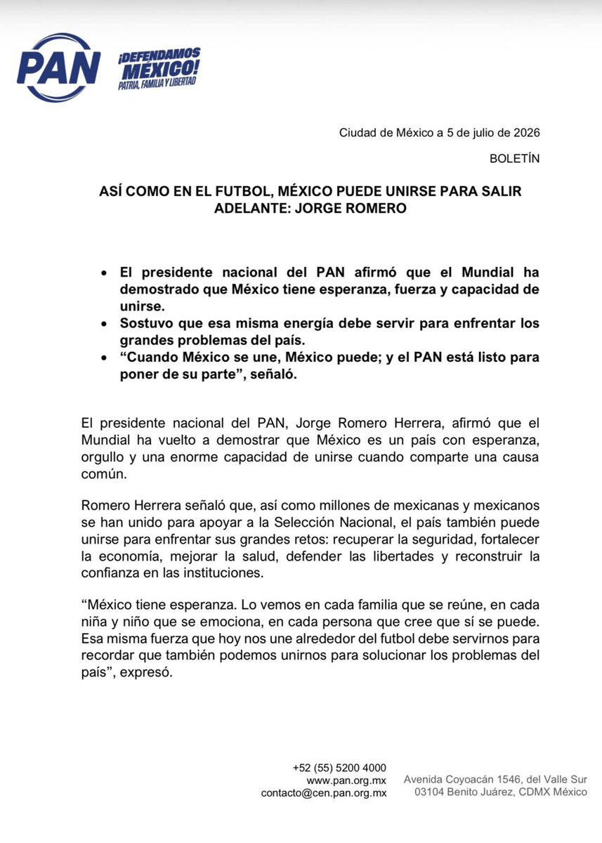AccionNacional's tweet photo. Así como en el fútbol, México puede unirse para salir adelante.

#Boletín 🗞️ https://t.co/2BLKZQb9Fe
