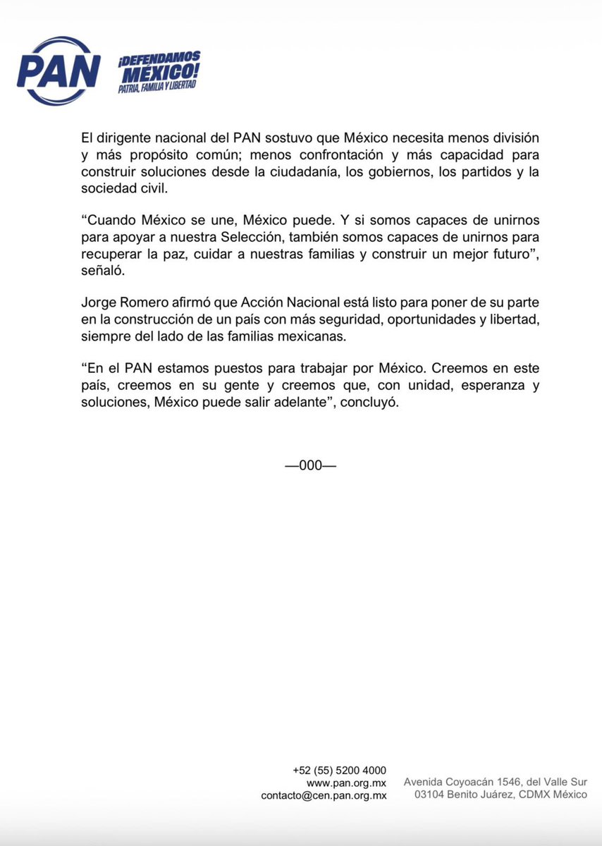 AccionNacional's tweet photo. Así como en el fútbol, México puede unirse para salir adelante.

#Boletín 🗞️ https://t.co/2BLKZQb9Fe