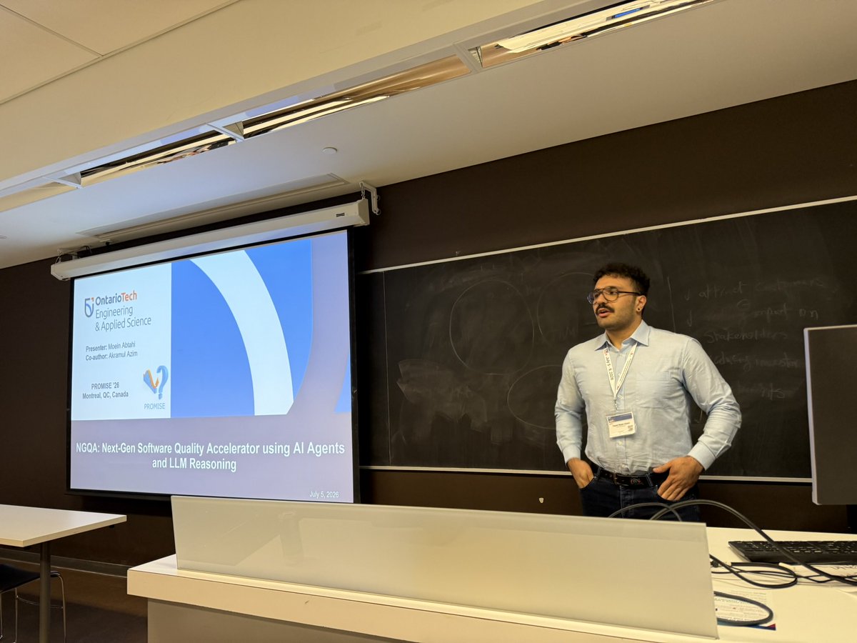 promise_conf's tweet photo. ⚙️Moein Abtahi (Ontario Tech Univ.) introduces NGQA — a Next-Gen Software  Quality Accelerator combining AI agents and LLM reasoning. Joint work  with Akramul Azim. #PROMISE2026 #FSE2026 #PROMISE26 #FSE26 https://t.co/WSjGE7FrE6