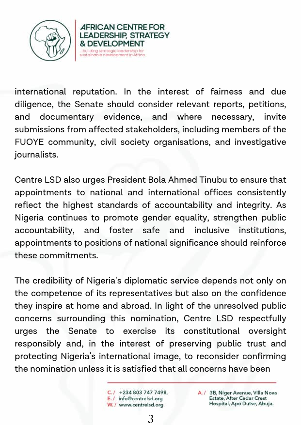centrelsd's tweet photo. Centre LSD Calls for Careful Review of Former FUOYE Vice-Chancellor’s Ambassadorial Nomination

#CentreLSD
#MaleFeministsNetwork https://t.co/rseFhHcSeN
