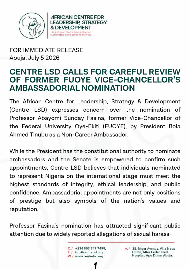 centrelsd's tweet photo. Centre LSD Calls for Careful Review of Former FUOYE Vice-Chancellor’s Ambassadorial Nomination

#CentreLSD
#MaleFeministsNetwork https://t.co/rseFhHcSeN