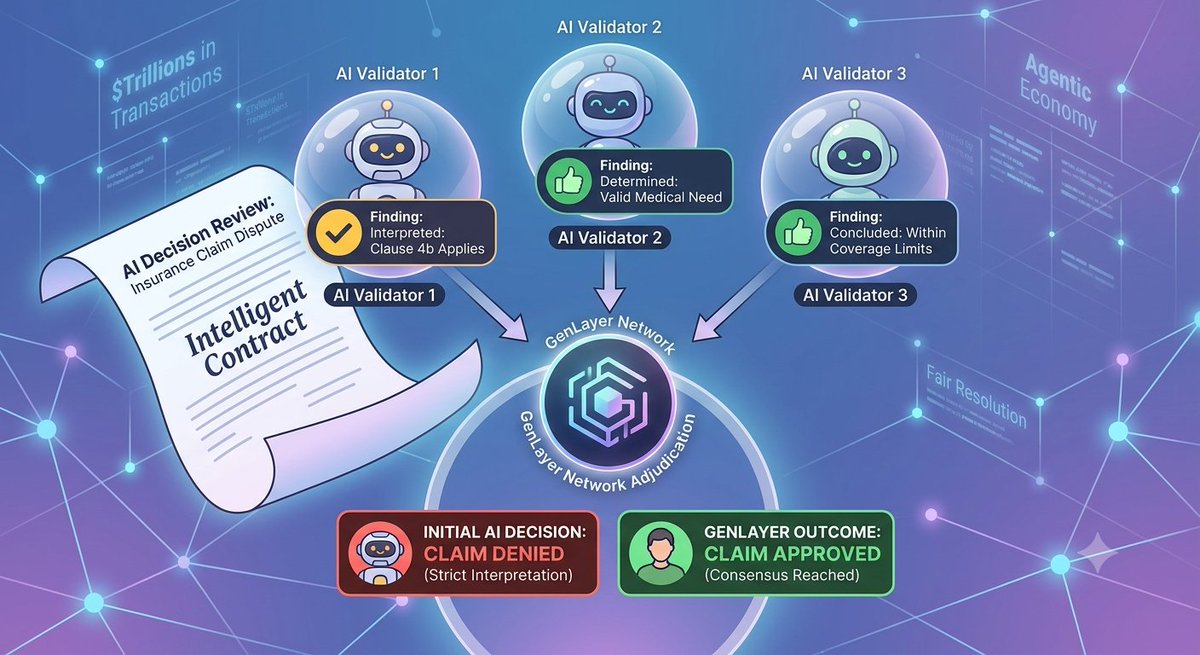 Adedayo6969's tweet photo. AI agents are about to move trillions of dollars on our behalf.

They'll approve loans, process insurance claims, sign business deals, and make purchases in seconds.

But here's the problem:

What happens when they disagree?

Or worse, what happens when an AI makes a decision about you that is wrong?

Imagine an insurance agent denies your claim because it interprets your policy one way, while you believe the same policy clearly covers your situation. The data is there, but the interpretation is different.

Traditional smart contracts cannot handle this. They only understand strict rules:

"If X happens, do Y."

Real life is messier than that.

This is why @GenLayer exists.

GenLayer is the adjudication layer for the agentic economy. Think of it as a digital court system for AI agents and the people affected by their decisions.

Instead of trusting one AI to judge a dispute, GenLayer asks multiple independent AI validators to review the same case. They each reach their own conclusion, and the network accepts the outcome only when there is agreement.

It's like getting a second and third medical opinion instead of trusting a single doctor with a life-changing diagnosis.

GenLayer's Intelligent Contracts go beyond rigid code. They can read plain language, reason with real-world information, and make judgments that are closer to how humans resolve disagreements.

As AI agents begin moving trillions in value, disputes are inevitable.

The first major agent dispute will not be a machine arguing with another machine.

It will be a person saying:

"Your AI got this wrong."

And when that happens, we will need a place where those disagreements can be fairly resolved.

That's the role @GenLayer is building.