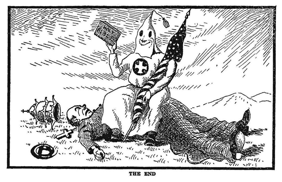 kinisman's tweet photo. One more thing on the topic of “Americanism.” The first Klan was a defensive organization against the terrorism of Yankee carpetbaggers during “Reconstruction.” I don’t think there’s evidence that they used any of the Confederate flags. The imagery was intended as the ghosts of the Confederate dead who had come back to protect their people from the “40 acres and a mule” thieves, and it was quite effective. 

When the second Klan was formed after Birth of a Nation in 1915, the American flag was used prominently for the exact reasons stated in my previous post. The theme was a bold assertion of American Protestantism in the face of millions of papists who were coming ashore from Italy, Ireland, etc. This chimping led to the great immigration restriction of 1924. You may not realize how indebted to the KKK you are for that. 

Now, in movie after movie, the Klan is always depicted with the Confederate flag. That did come along much later, with the third Klan, during the segregation fights of the 1950s-60s, and it spilled over into the 70s in popular culture: state flags, NASCAR, TV shows like the Dukes of Hazzard. Lynyrd Skynyrd and other bands displayed it prominently, and it was a regular article of clothing in the South. This was a common expression of Southern identity. 

By the 90s, pressure against this became relentless, and conformity to the American mean followed. Ole Miss banned the Confederate flag and Colonel Reb. In the gay year of 2015, Governor Robert Bentley of Alabama was the first to remove the flag from public grounds. Nikki Haley did the same in South Carolina days later. NASCAR banned the flag during the Summer of Floyd.

What most people think they know about all of this is taught to them by Jewish media companies, and the fundamentally Protestant motivations of the early 20th century are lost, as are the efforts to reassert regional identity against being more easily controllable imperial proles. That early 20th century energy wasn’t a Protestant faith confined to Sunday morning. It was militant against the effort to overwhelm us with strangers and their strange religion.