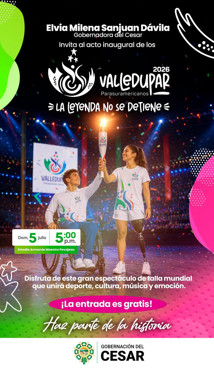 ErnestoOrozcoD's tweet photo. Los espero hoy en la gran inauguración de los Juegos Parasuramericanos Valledupar 2026. 
Desde las 5:00 de la tarde, gratis para todos, en el estadio Armando Maestre Pavajeau. https://t.co/1VhCiyvgDR