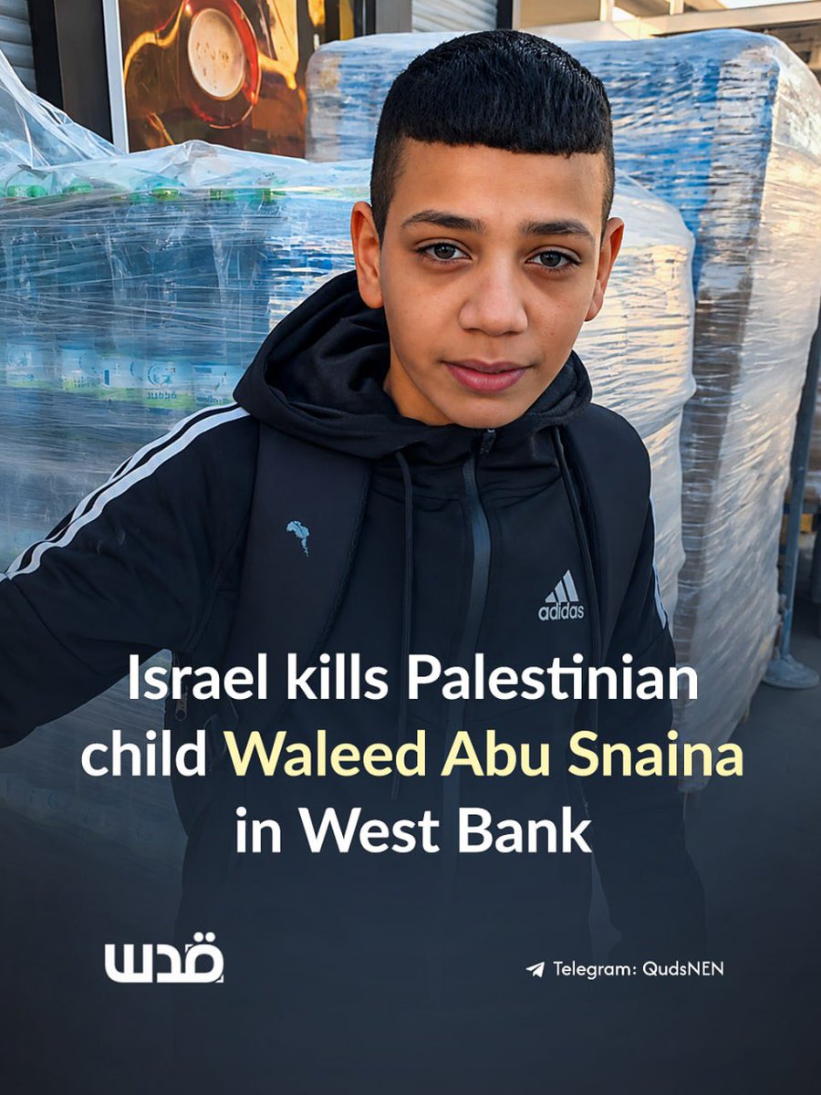 QudsNen's tweet photo. Sixteen-year-old Palestinian Waleed Abu Snaina was shot and killed by Israeli forces, while two other children were wounded in the same attack in Qalandiya. https://t.co/RkUgEFv7bT