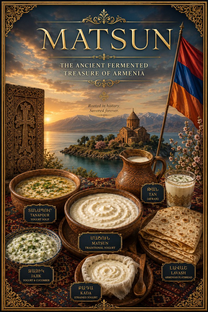 levantonaganyan's tweet photo. Matsun: The Ancient Fermented Treasure of Armenia

Long before refrigeration, long before the modern world discovered yogurt, the people of the Armenian Highlands had already mastered the art of transforming fresh milk into one of humanity's oldest fermented foods—matsun (մածուն).

The very name tells its story. The Armenian word matsun derives from the verbs matsnul (to sour, to curdle) and matsuts'anel ("to ferment"), preserving in its language the ancient process by which milk became a nourishing and long-lasting food.

As early as the 11th century, the Armenian philosopher and scholar Grigor Magistros explained that the Greeks had learned to prepare matsun from the Armenians and adopted its Armenian name without understanding its true meaning. This remarkable testimony stands among the earliest written accounts connecting both the product and its name to Armenia.

For centuries, matsun has been at the heart of Armenian life. It nourished shepherds crossing mountain pastures, monks in medieval monasteries, travelers on distant roads, and generations of Armenian families. It became the foundation of beloved dishes such as tan, tanapour, and jajik, while also earning a reputation in medieval Armenian medicine as a wholesome and restorative food.

The Armenian word traveled beyond its homeland. Today it survives in many languages—including Georgian matsoni/მაწონი, historical Greek forms, and the Western Armenian pronunciation madzun, carried across the world by Armenian communities from Constantinople to North America.

More than a fermented milk product, matsun is a living piece of Armenia's cultural heritage—a tradition that has endured through kingdoms, invasions, exile, and diaspora. Every spoonful carries the memory of the Armenian Highlands, where language, history, and cuisine have remained inseparable for millennia.

Մածուն — not merely food, but a taste of Armenian civilization.