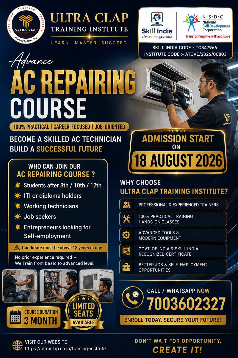 ultraclap1's tweet photo. #UltraClapTrainingInstitute #AdmissionOpen2026 #ACRepairingCourse #SkillIndia #NSDC #HVACTraining #TechnicalEducation #HandsOnTraining #JobReady #CareerGrowth #SelfEmployment #ITI #Diploma #VocationalTraining #ACTechnician #LimitedSeats #EnrollNow #WestBengal #LearnAndEarn https://t.co/ve3qmUWkEB