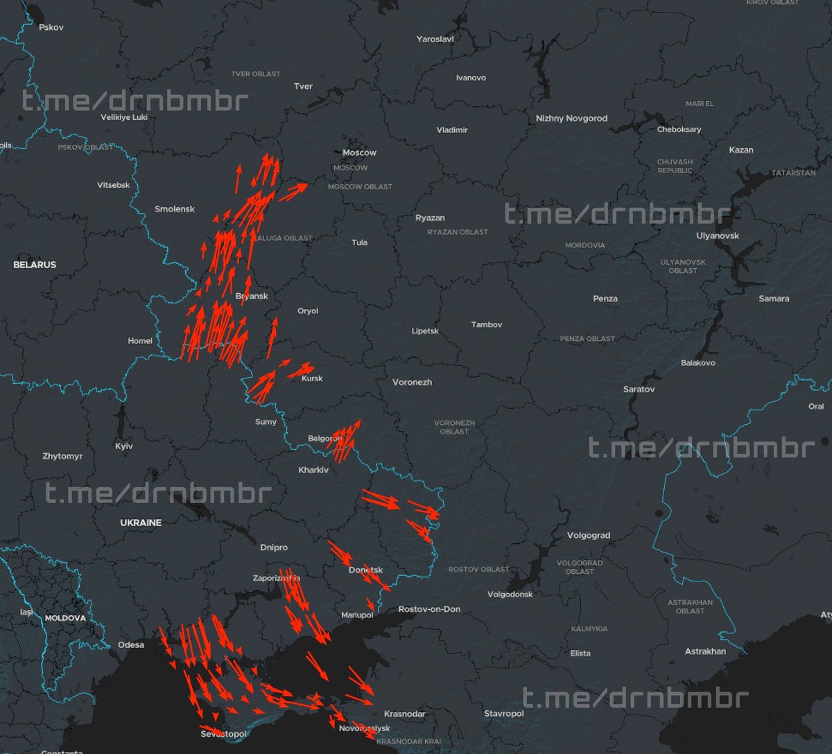 Osint613's tweet photo. Hundreds of Ukrainian drones airborne over Russia and occupied territories tonight. Explosions reported in Crimea and Luhansk Oblast. https://t.co/A3aT0E6WS8