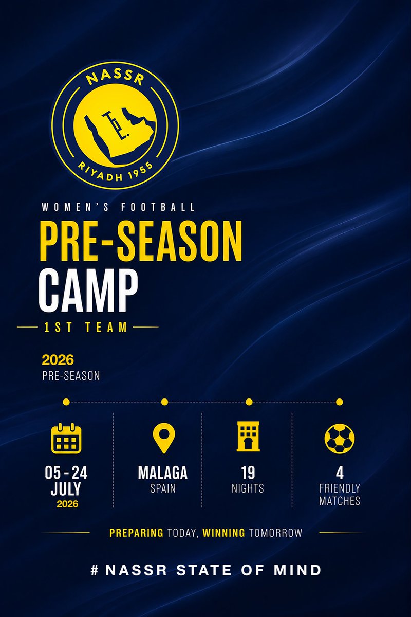 AlNassrFCW's tweet photo. أبطال الرباعية التاريخية 🤩💛

اليوم… تبدأ رحلة جديدة 📄✨
إليكم البرنامج الإعدادي لسيدات #النصر لـموسم 26/27 ⚽️📍 https://t.co/AvAOFKsDwh