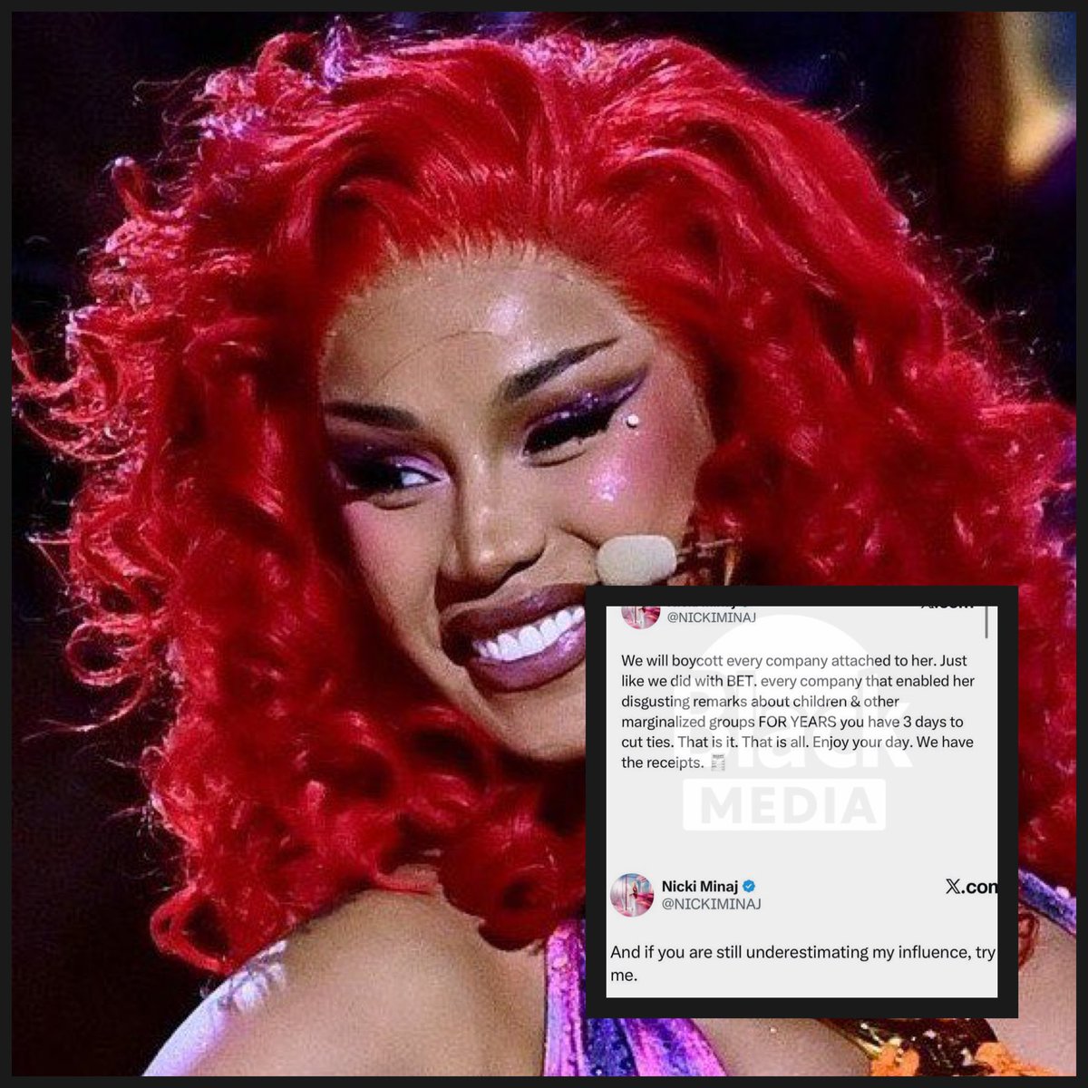 BlackMedia___'s tweet photo. Cardi B confirmed in one of her 4-day X Spaces rants that multiple brands distanced themselves from her over the past year.

The revelation comes nearly a year after Nicki Minaj threatened to boycott companies associated with the pole veteran over disgusting remarks about children, giving brands three days to cut ties or face a fan-led boycott.