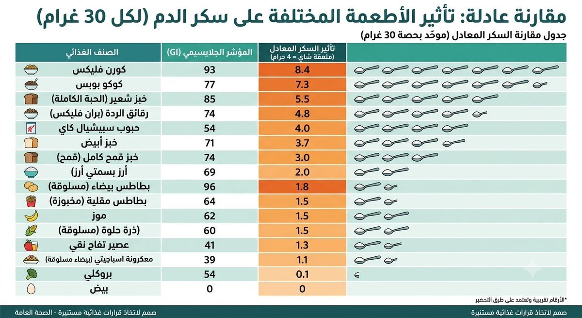 drsghamdi's tweet photo. قد يرفع 30 غرام فقط من بعض الكربوهيدرات السكر أكثر من 8 ملاعق شاي من السكر !

فمثلًا:

 30 غرام من كورن فليكس تعادل تأثير سكري يقارب 8.4 ملاعق شاي سكر (انتبهوا لاطفالكم)
بينما 30 غرام من الأرز البسمتي تعادل حوالي ملعقتين فقط لكن كمية الأرز التي نأكلها أكثر من 30 غرام بكثير.

والفرق لا يتعلق بالسعرات الحرارية فقط، بل بسرعة تحول الطعام إلى جلوكوز داخل الجسم.

إذا كنت تعاني من السكري أو مقاومة الإنسولين أو ارتفاع #الضغط التوتري، فقد يكون نوع الكربوهيدرات أهم من كميتها.

هل يوجد طعام كنت تظنه "صحي" ثم اكتشفت أنه يرفع السكر أكثر مما توقعت؟ 👇