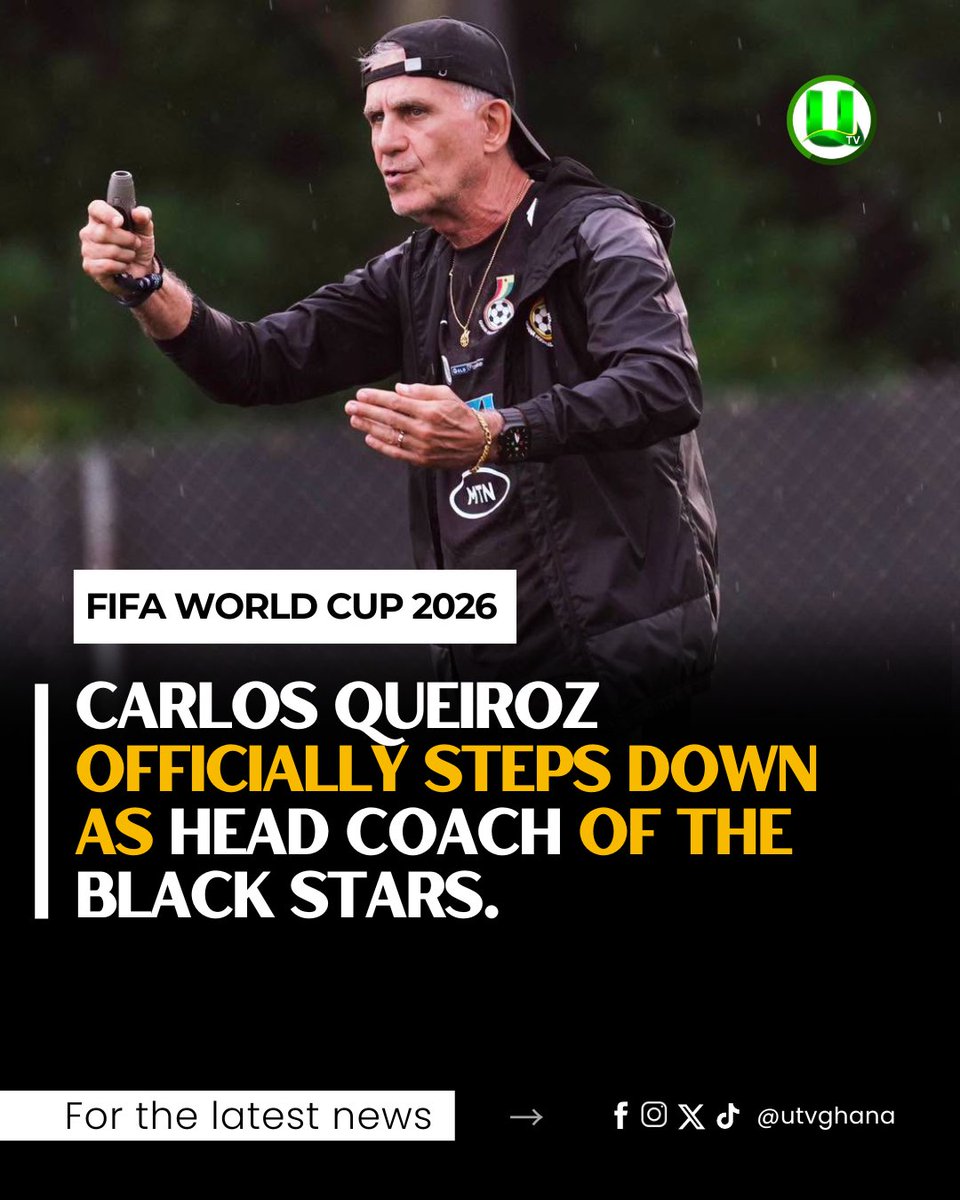 utvghana's tweet photo. Carlos Queiroz has officially stepped down as head coach of the Black Stars following their exit from the FIFA World Cup.

#UTVGhana https://t.co/PdR0VLLLqr