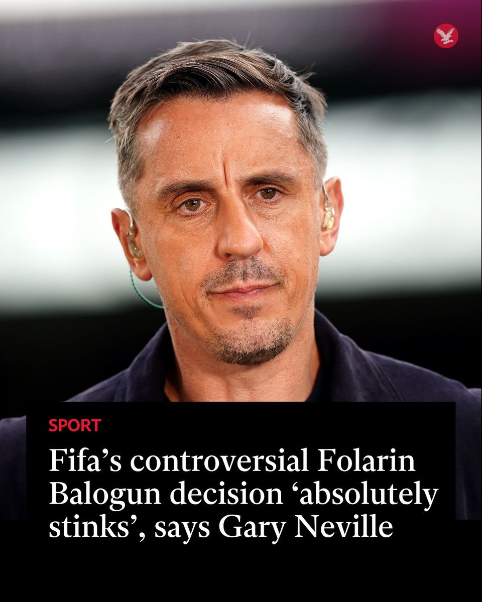 Independent's tweet photo. Gary Neville has criticised Fifa’s unprecedented decision to suspend USA striker Folarin Balogun’s one-game ban which would have forced him to miss their last-16 clash against Belgium, with the ITV pundit saying “it absolutely stinks”.

Read more: https://t.co/QxuhDwhM7K https://t.co/hfITUjnYt8