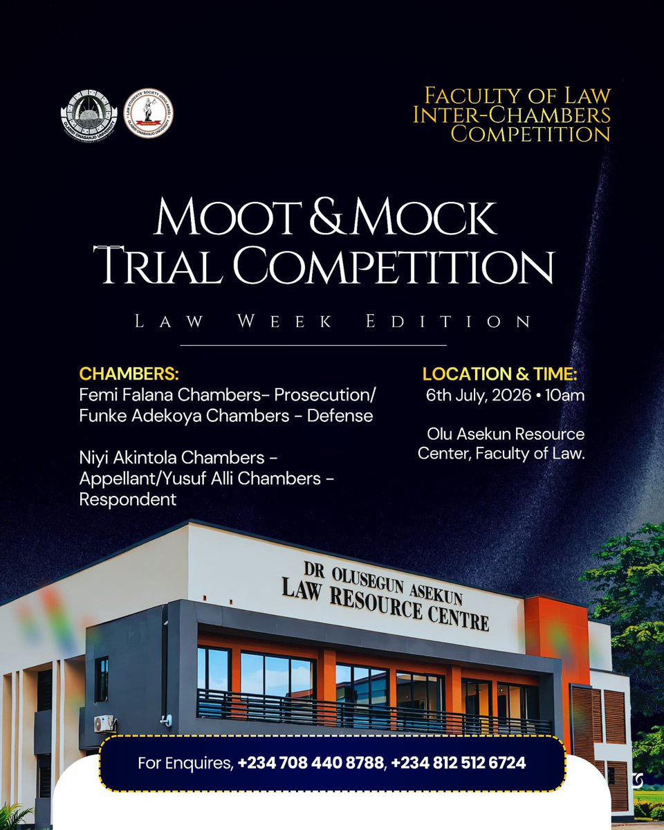lawssoou's tweet photo. The countdown is almost over.

Tomorrow, the Faculty of Law officially opens Law Week 2026 with the most anticipated event of the year the Grand Finale of the Inter-Chambers League Competition. https://t.co/IQ4xAw0gSS