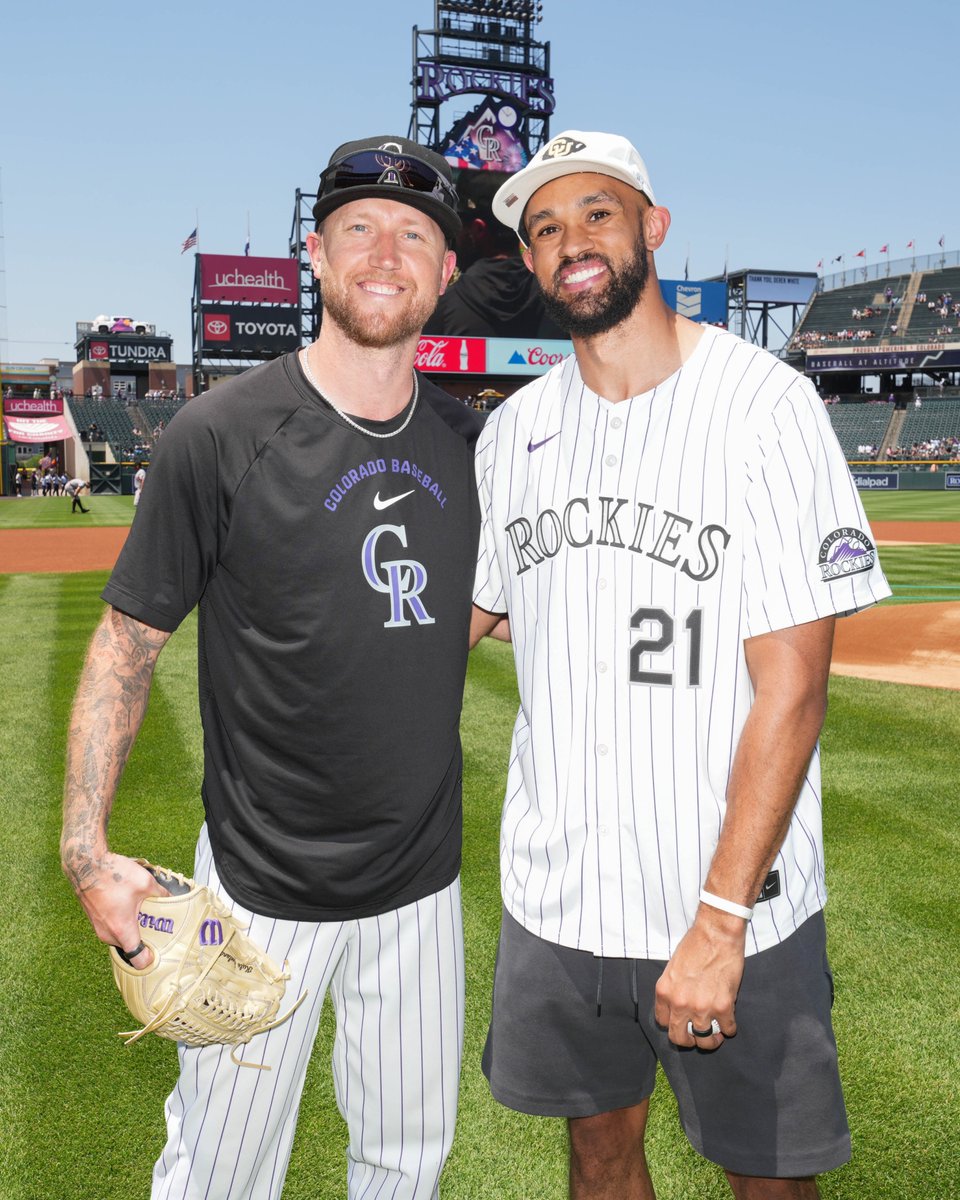 Rockies's tweet photo. Strike‼️

@CUBuffsMBB alum Derrick White joined us for a first pitch before today's game! https://t.co/8Tx6FSohzQ