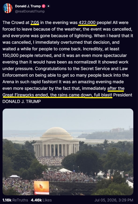SantaSurfing's tweet photo. Ummm...Trump post 
Q705
[5]
Q

How many sealed indictments are there??👀
422,000? 150,000?
Pulte got the green light to declassify everything!

"after the Great Fireworks ended, the rains came down, full blast!" ⛈️☔️🌧️☔️ 
Uh huh!!! 🥳💥🥳 https://t.co/MyqXa0Y4fn